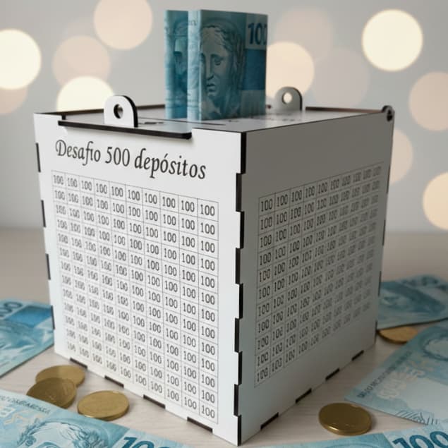 Cofre Desafio 500 Depósitos MDF Organizar Branco Meta R$50.000 Economizar Dinheiro Finanças Enfeite