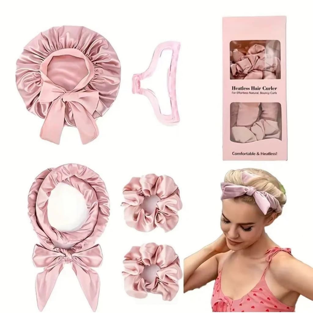 kit Modelador de Cachos Cetim Sem Calor+ touca de Cetim Dupla Face + 1Piranha +2 Scrunchies para cabelo 025-066