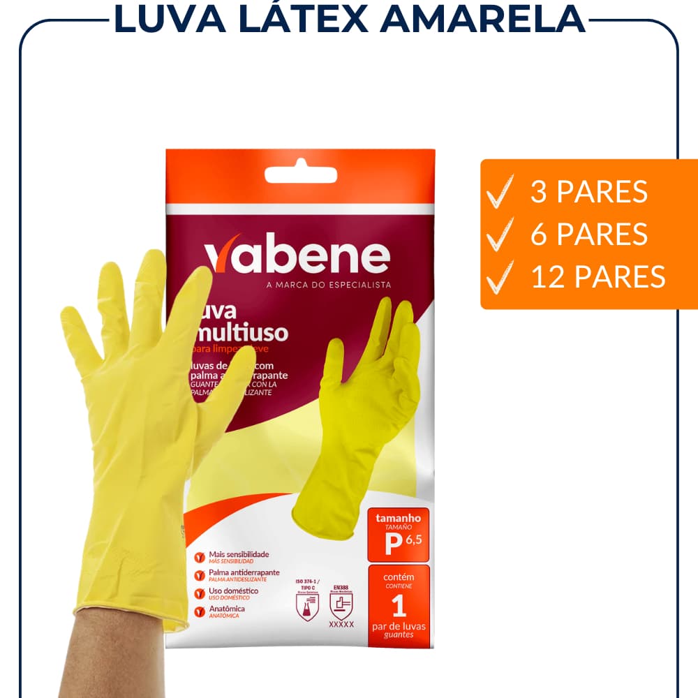 Kit Luva Multiuso Amarela de Látex - Kit com 3, 6 e 12 unidades