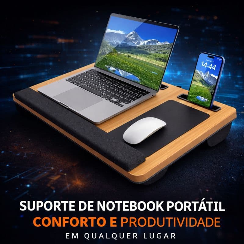 Mesa Base Portátil Premium de Colo p/ Notebook Acolchoada Home Office Quarto Escritório Cor: Madeira