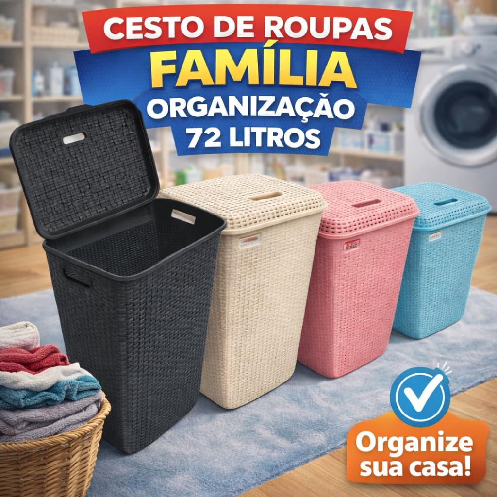 Cesto Roupa Suja Roupeiro Grande 72L com Tampa Rattan Qualidade Lavanderia Banheiro Multiuso Gigante Família Premium