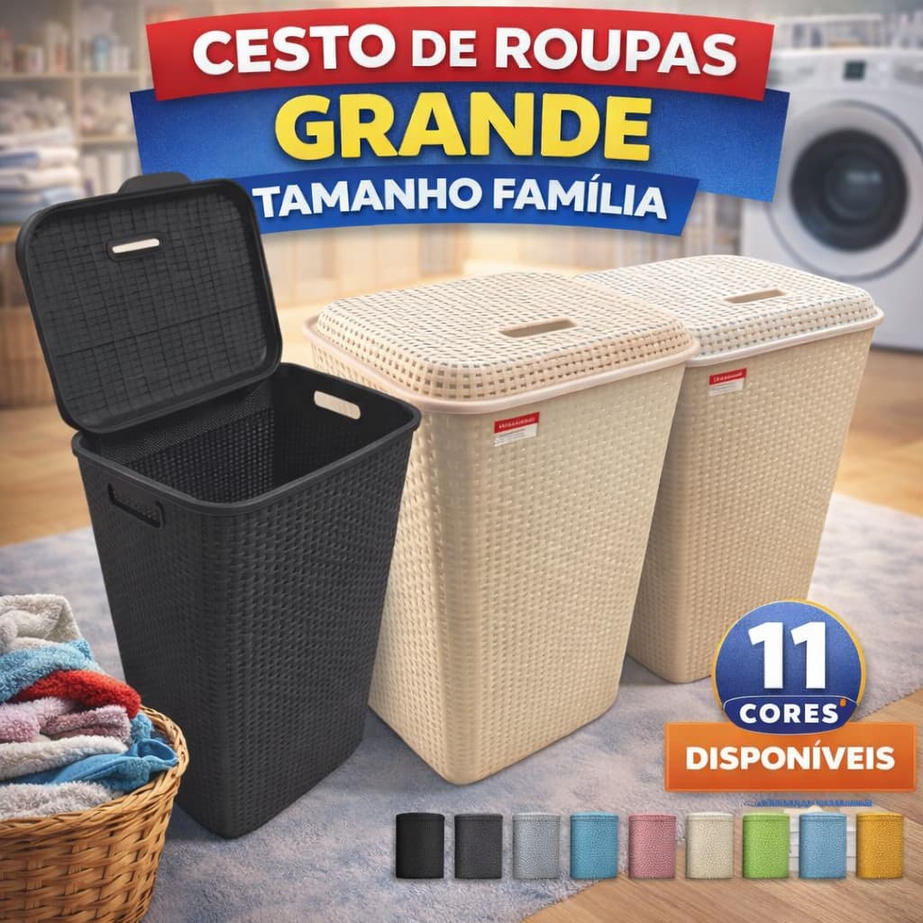 Cesto De Roupa Suja Grande 72L Resistente Lavanderia Tampa Organizador Roupas Banheiro Família