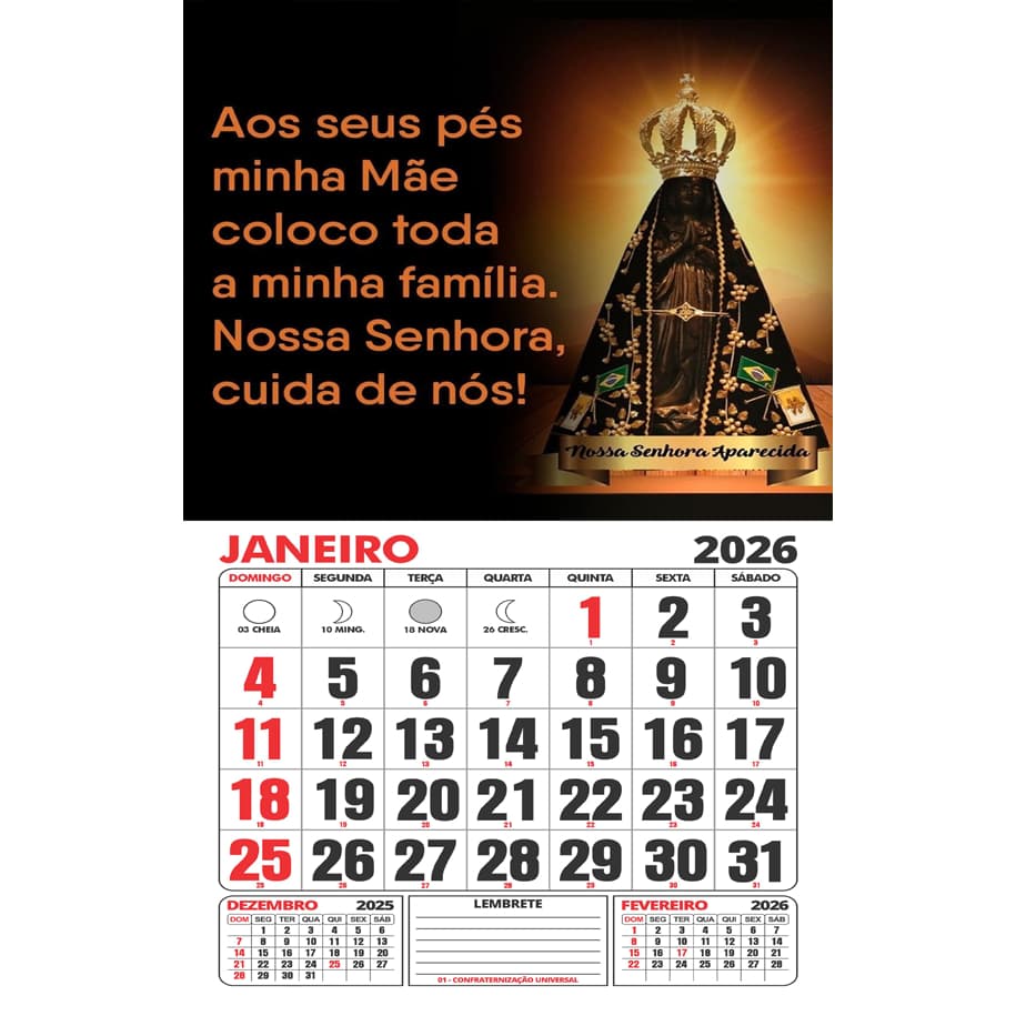 Calendário/Folhinha artesanal de parede 2026 - Nossa Senhora Aparecida - Escolha na variação.