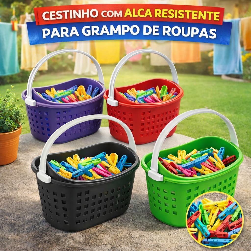 Cesto C/ Alça Plástico Resistente Multiuso Prendedor de Roupa Copa Casa Banheiro Lavanderia