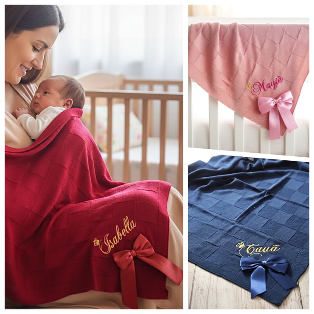 Manta Bebê Personalizada com Nome Bordado Tricot Maternidade Luxo Trico menino ou menina