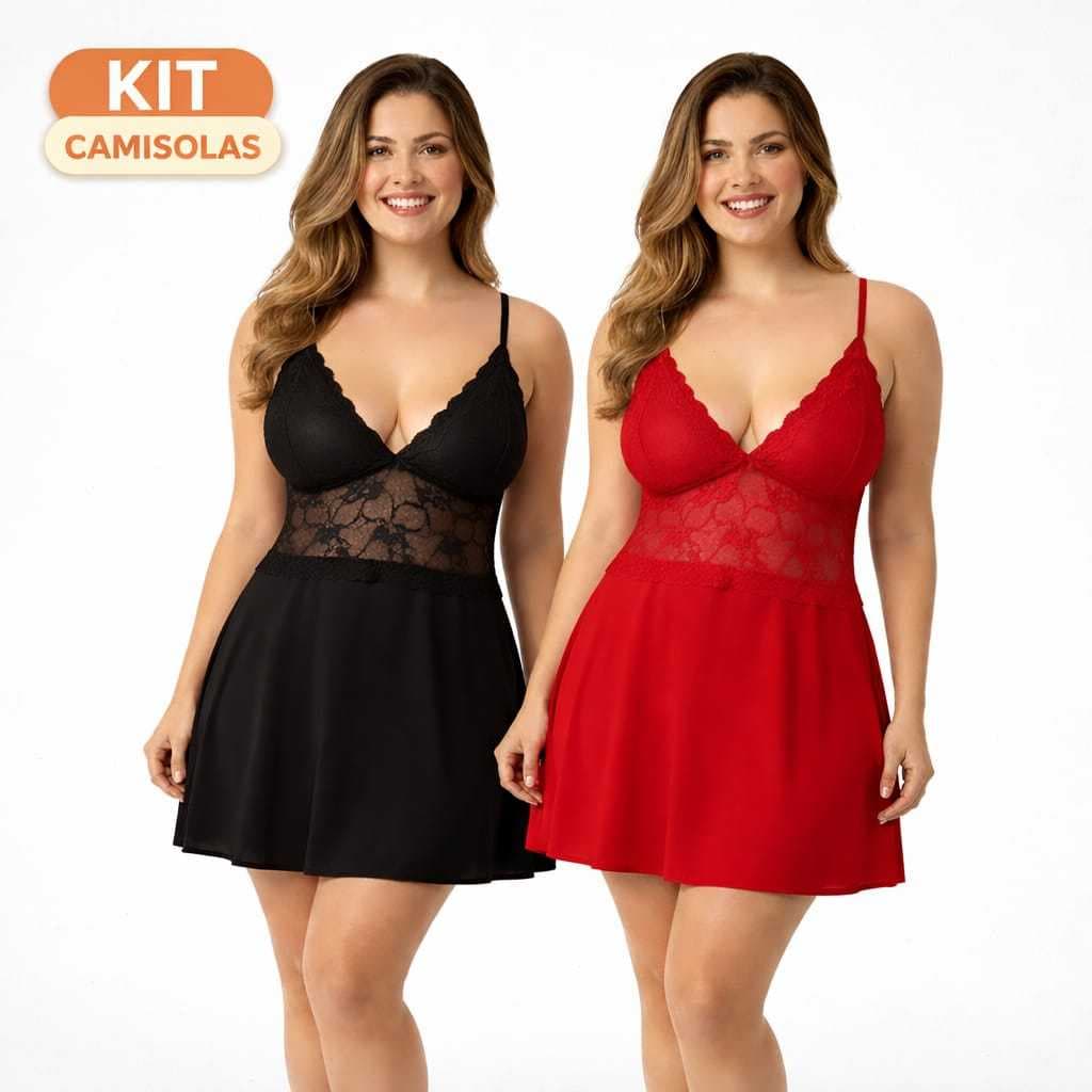 Kit 2 Camisolas Plus Size com Renda Lingerie sem Bojo