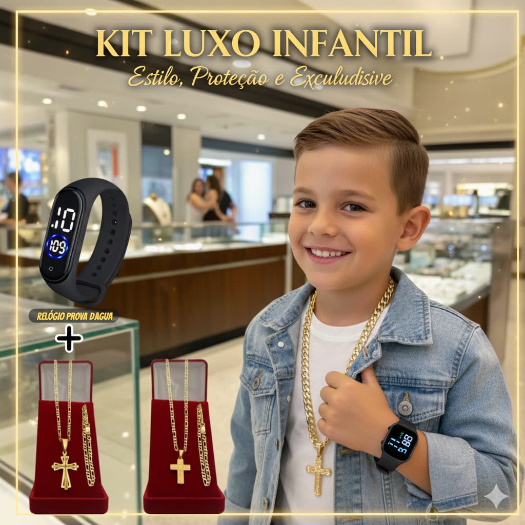 Conjunto Masculino Infantil 3x1 Cordão Infantil Menino + Pulseira Banhado Ouro  + Relógio Digital Prova LED D’Água