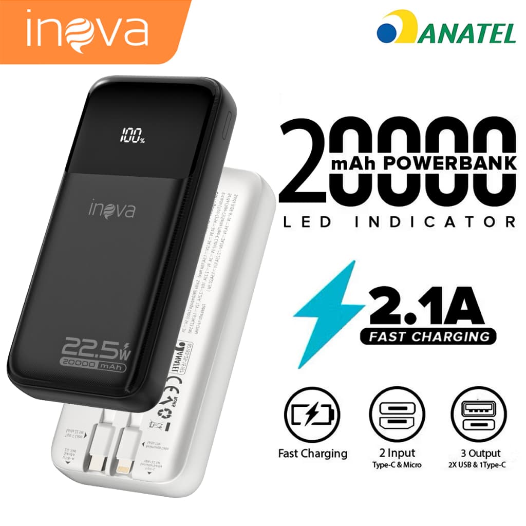 INOVA Power Bank 20000mah Turbo 22.5W Carregador Portátil para iPhone Samsung Android Entrada Tipo-C