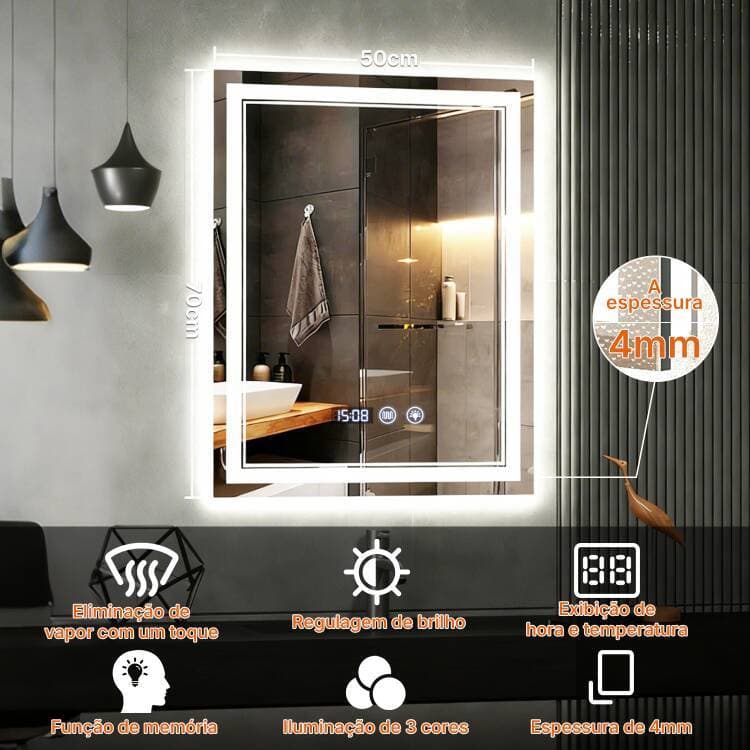 Espelho de Banheiro 70x50cm Antiembaçante com Toque - LED 3 Cores, Vidro de Segurança, Display Hora/Temperatura