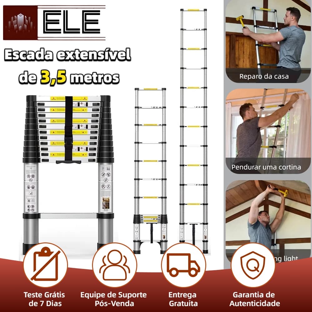 Escada Reta Alumínio Telescópica 3.5 Metros com 9 Degraus - ótima qualidade