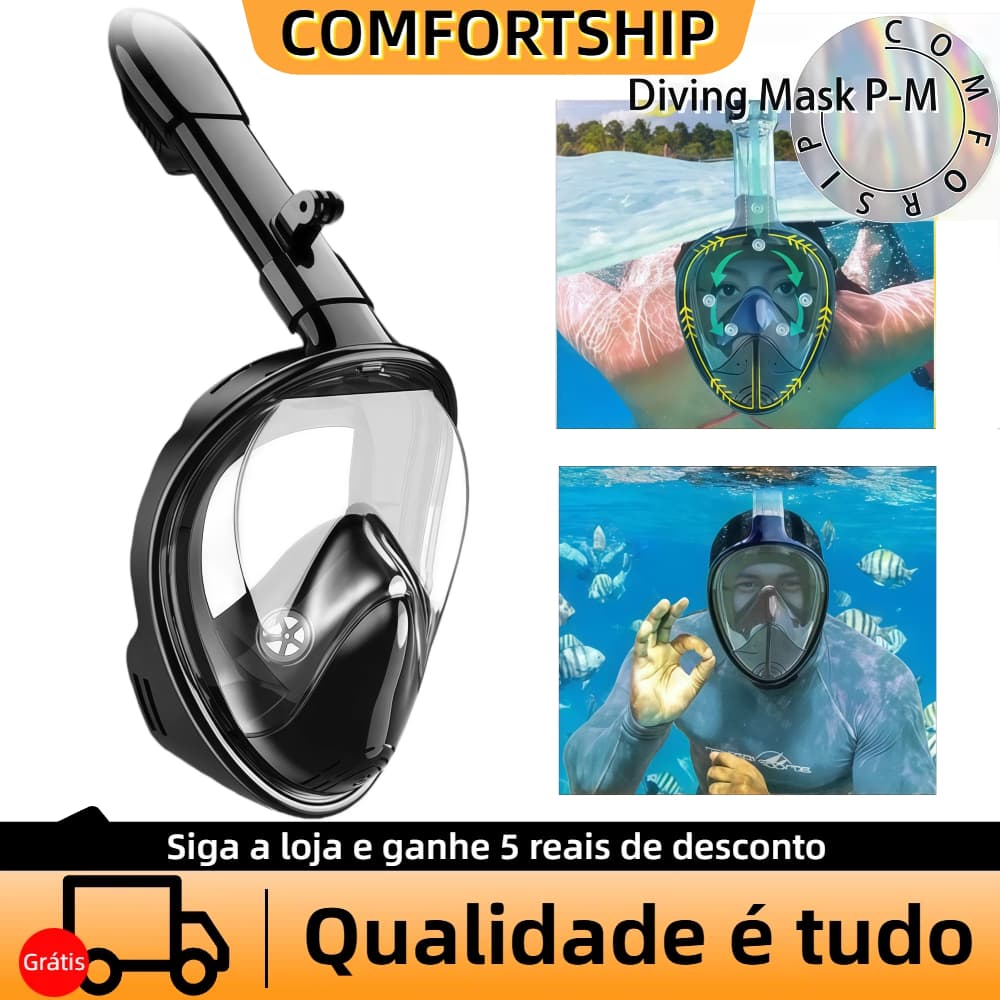 Máscara De Mergulho Snorkel Full Face Preto Respiratória Natação Subaquática