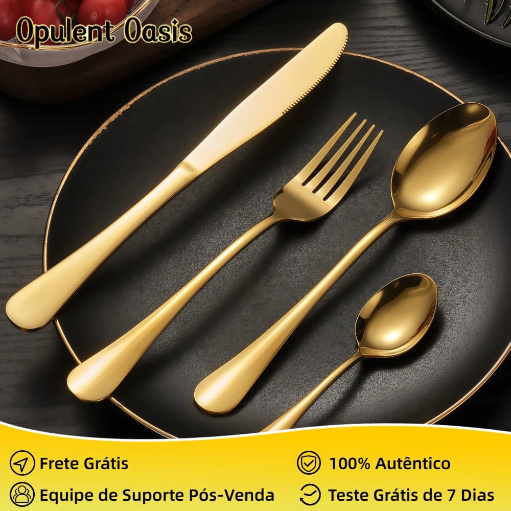 Kit 24 Jogo De Talheres Para Bife Aço Inoxidável Dourados Com Colher Pequena