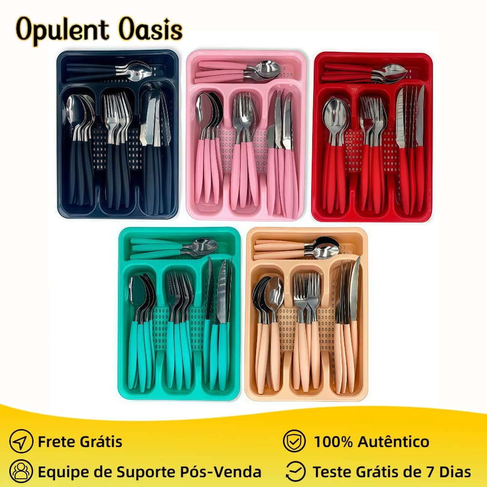 Jogo De Talheres Inox Com 24 Peças + Suporte Gaveteiro