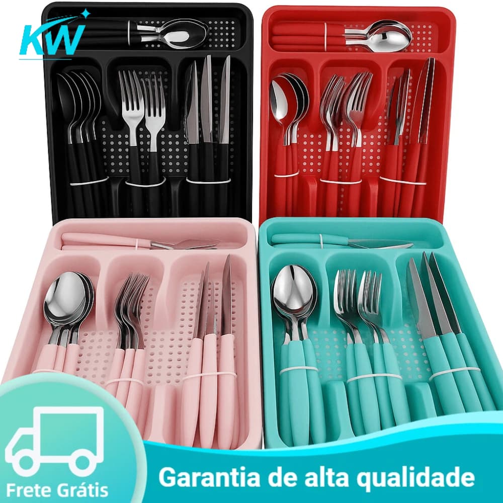 Jogo De Talheres Inox Com 24 Peças + Suporte Gaveteiro