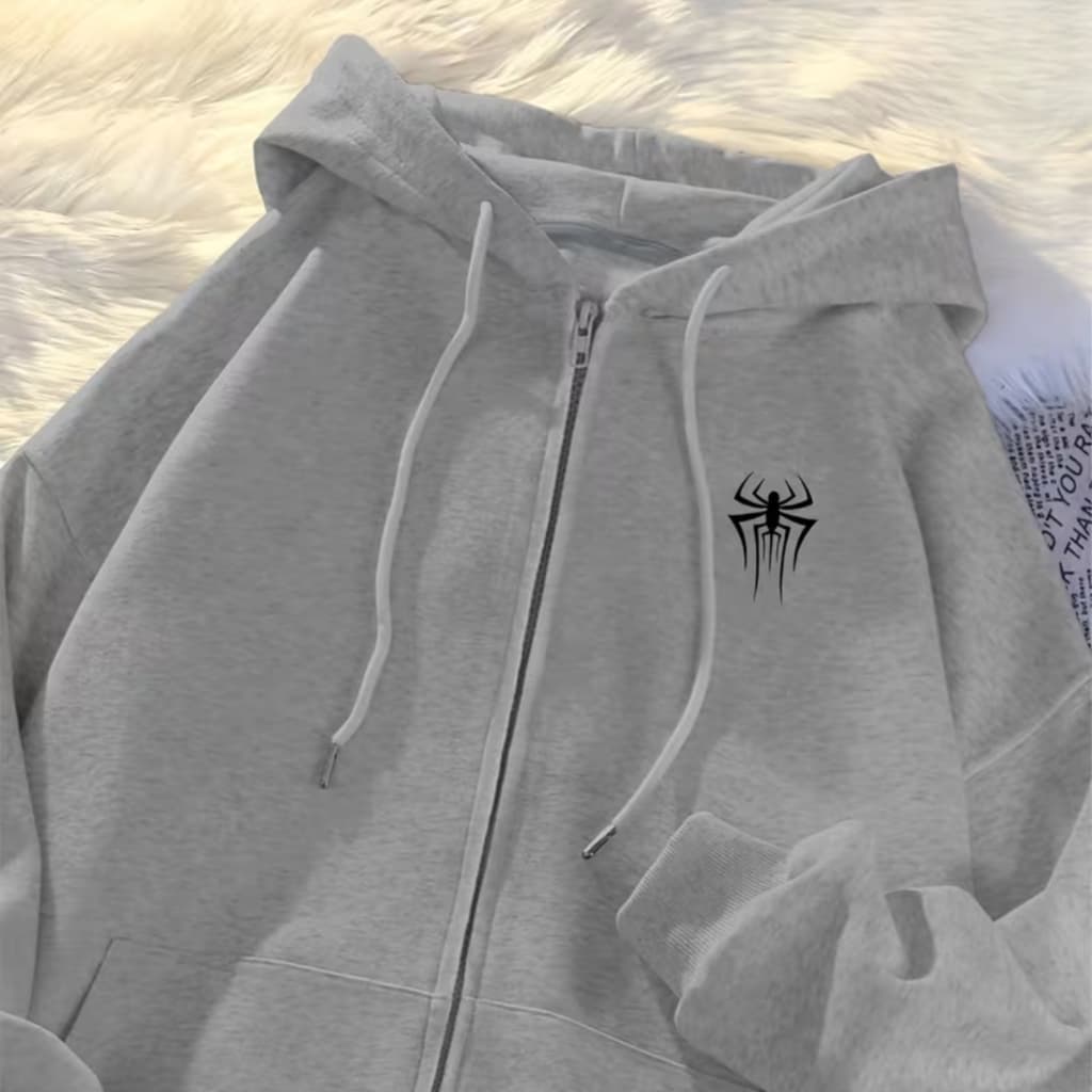 Moletom  Com Zíper E Capuz Estampa Aranha Minimalista Unissex Streetwear