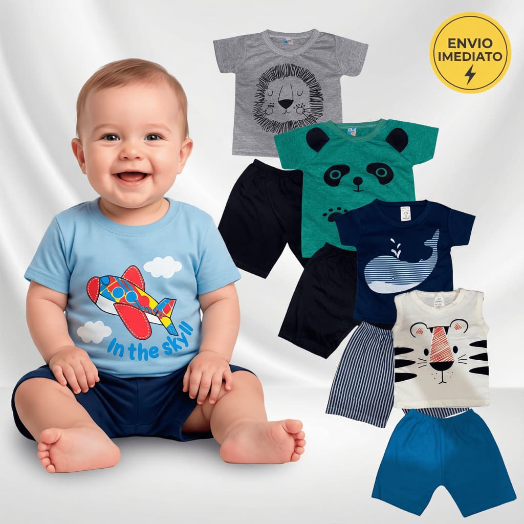 Kit 10 Peças de Roupas Bebê Conjunto Menino Infantil Estampas Divertidas Verão 5 Camisas + 5 Bermudas Algodão