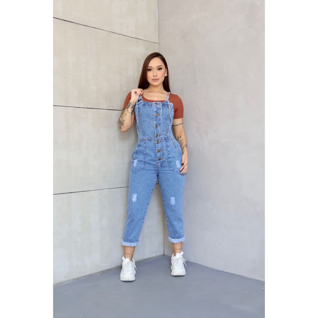 Jardineira Jeans Feminina com Botões Macacão Longo