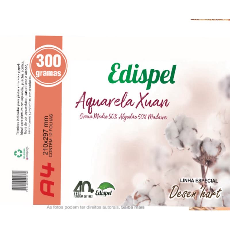 bloco aquarela  Edispel xuan 50%algodão, 300gr, A-4, 12 folhas
