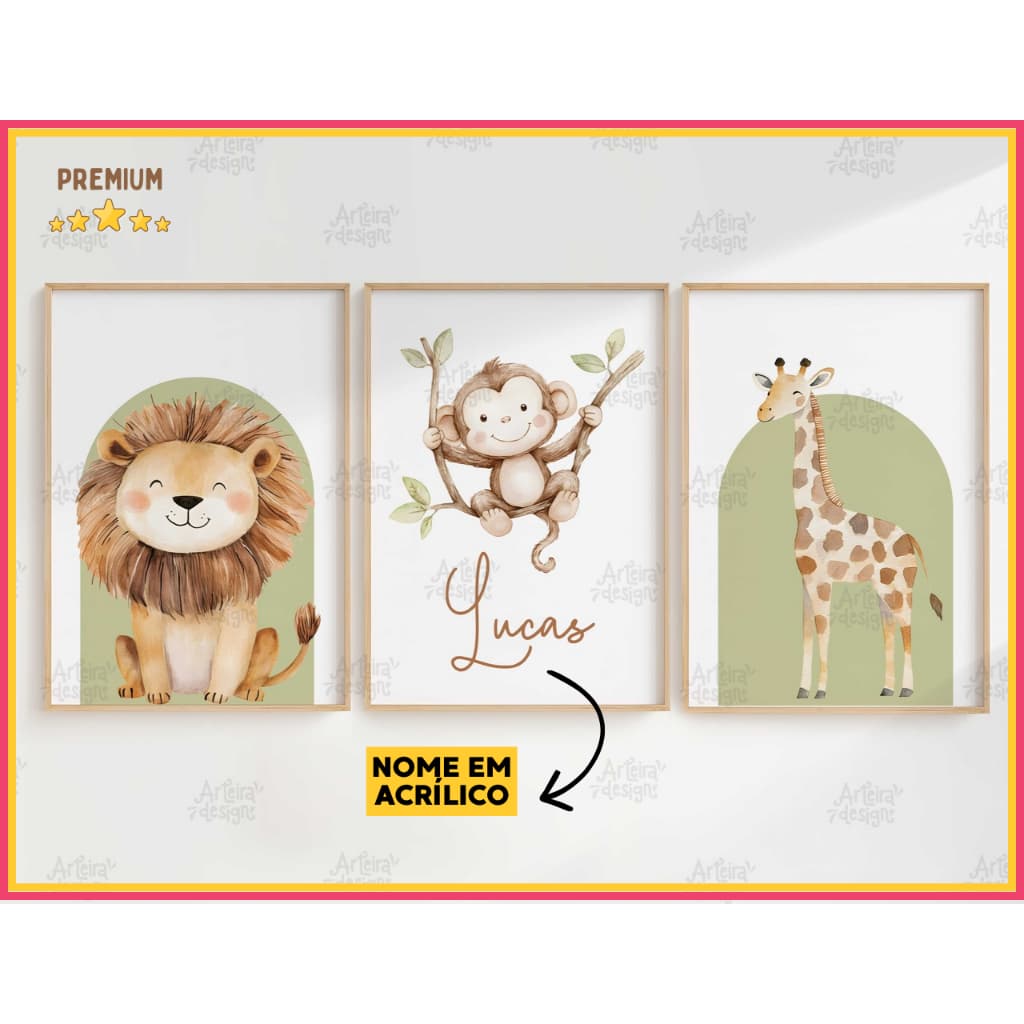 Quadro Decorativo 3 peças Animais Safari Baby Selva Folhas Quarto Infantil Menino - NOME EM ACRÍLICO