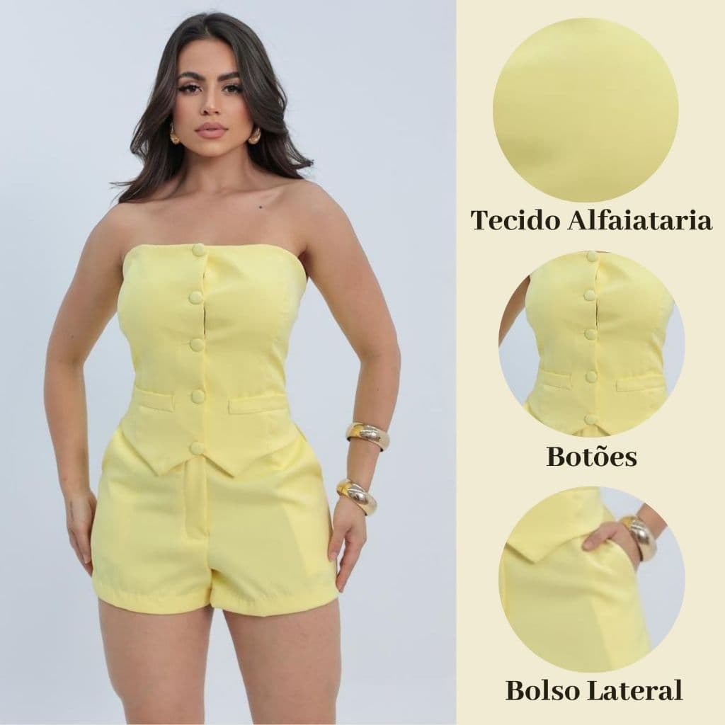 Conjunto Alfaiataria Feminino Tomara que Caia com Botões + Short Elegante P ao GG