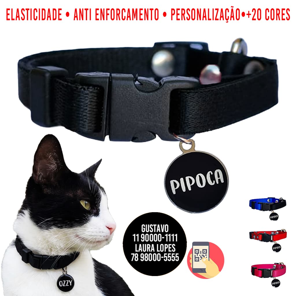 Coleira Para Gato Anti Enforcamento Elástico Premium Com Plaquinha de Identificação Nome e Telefone