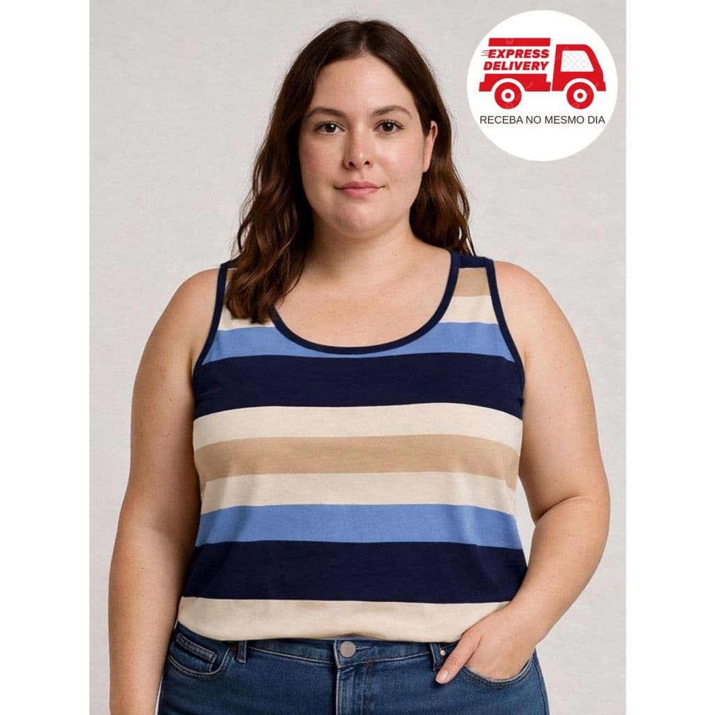 Regata Feminina Plus Size Listrada Casual Gola Redonda Alças Largas