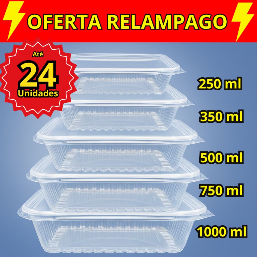 Kit 12/24 Pote Embalagem Marmita 1000 ml 500 ml 350 ml 250ml 750 ml Microondas e Freezer Descartavel