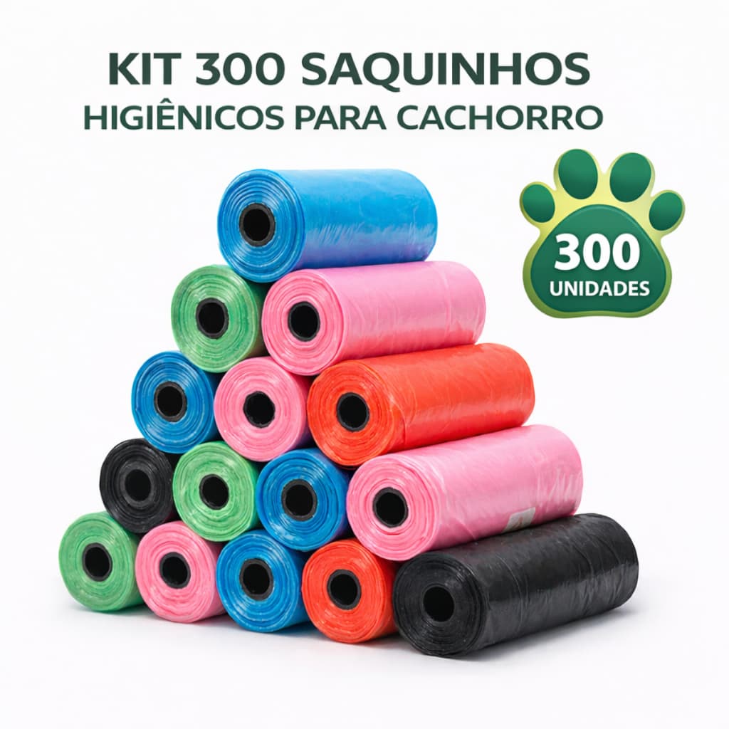 Kit 300 Saquinhos Higiênicos Refil Cata Caca Pet Cachorro Gato