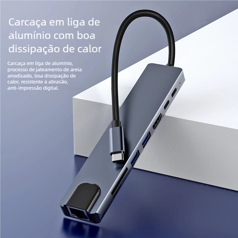8 em 1 Estação de Acoplamento Hub OTG Tipo C USB Transferência Rápida Multifuncional para Computador HD Cartão SD