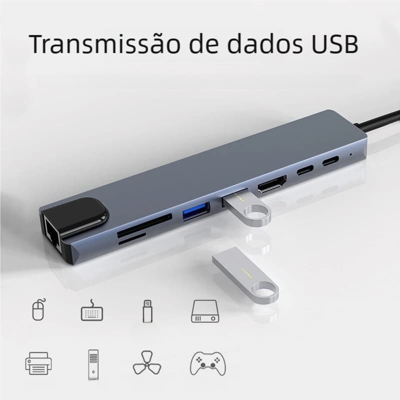 Hub OTG Tipo C 8 em 1 - Transferência Rápida para Computador, HD e Cartão SD