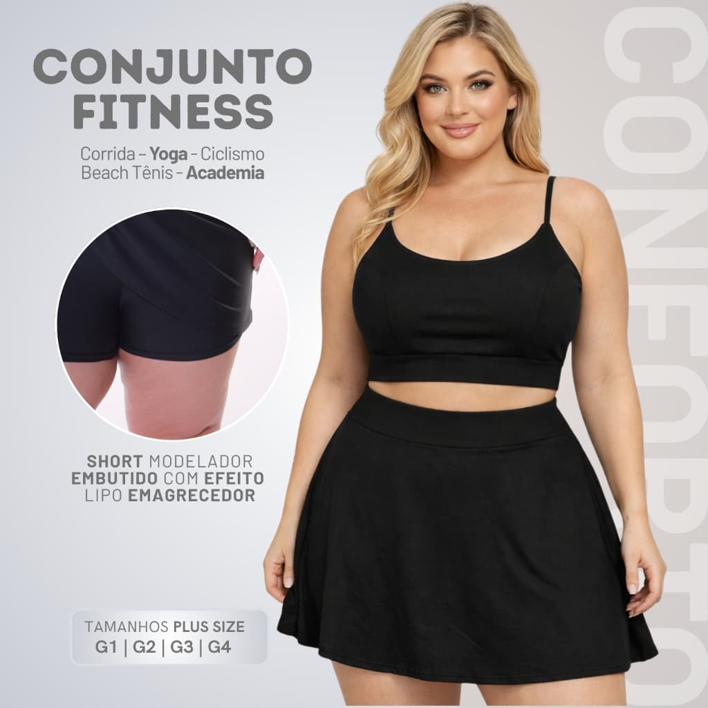 Conjunto Feminino Plus Size Fitness Top Short Saia Cintura Alta Verão