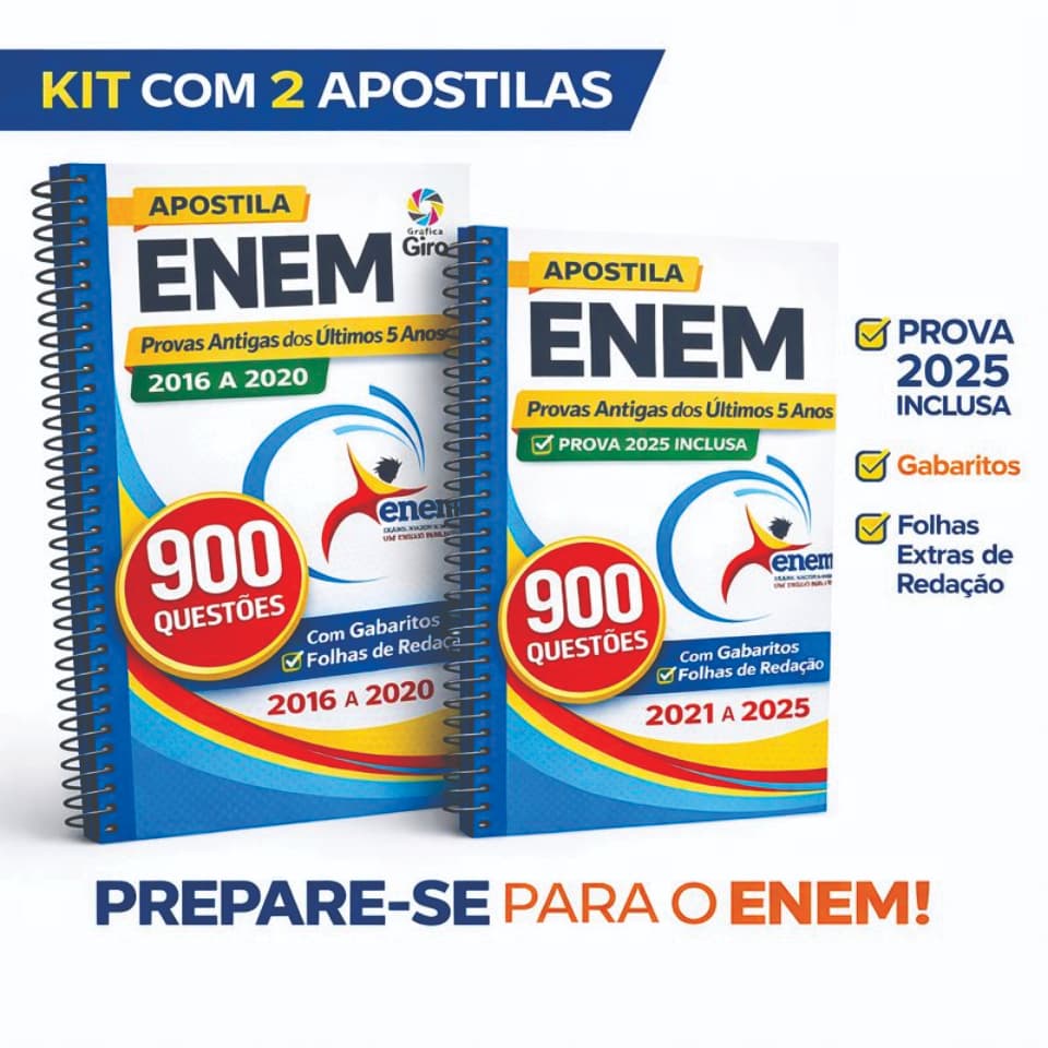 Apostilas ENEM Kit Completo 2026 com 10 Anos de Provas Anteriores (de 2016 a 2025) opção 3 e 5 anos