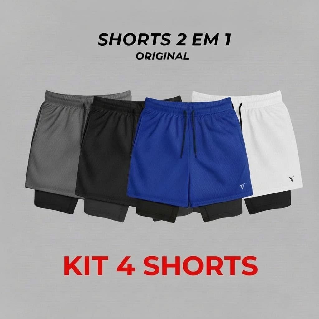 KIT 4 Shorts 2 em 1 DryFit VLS Original Elastano Academia Esporte Treino Masculino