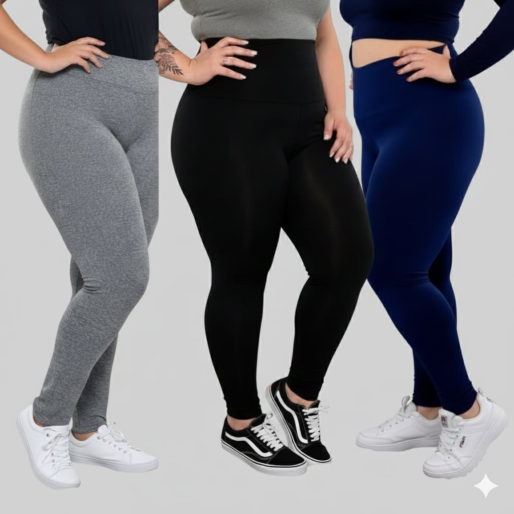 Kit 3 Calças Legging Plus Size Academia Costura Reforçada