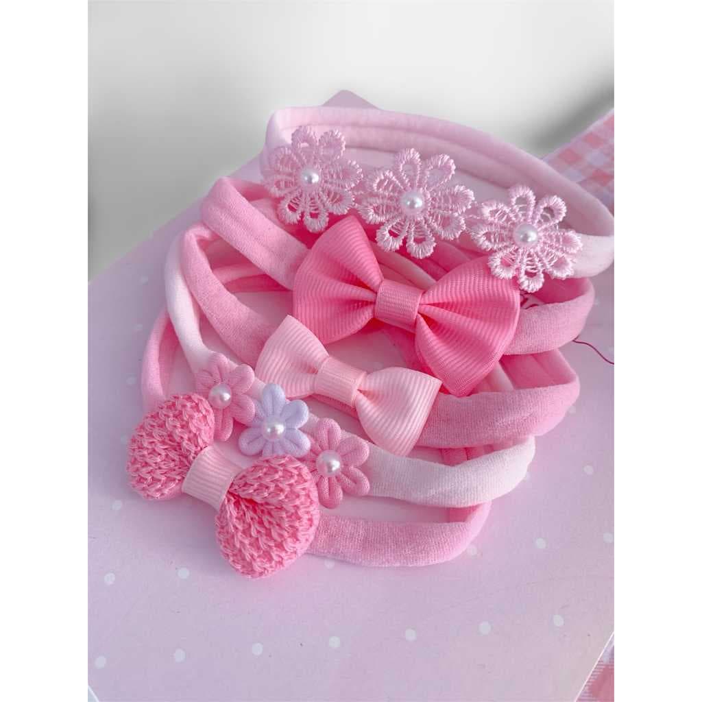 Kit Maternidade Bebês 5 Faixinhas Tons Rosa Tiaras RN Laços