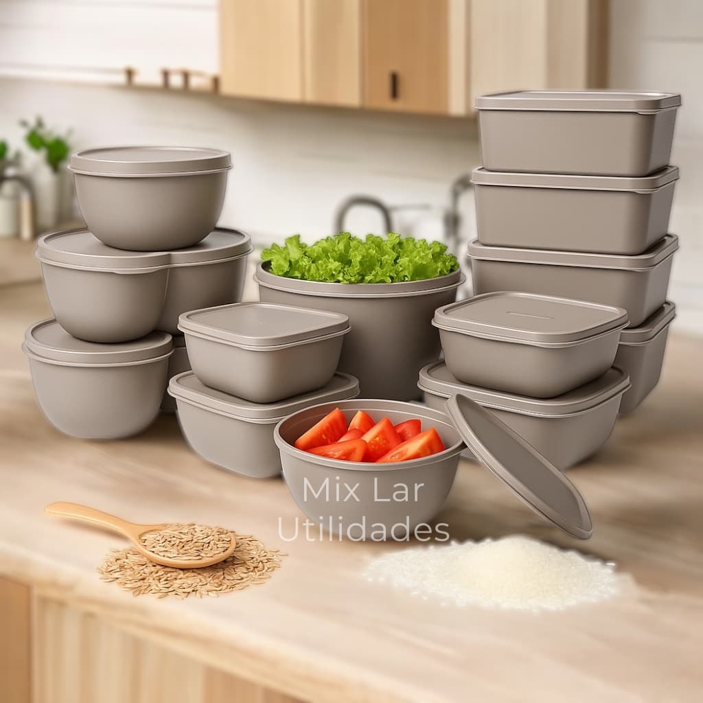 Kit com 15 potes herméticos de plásticos para cozinha