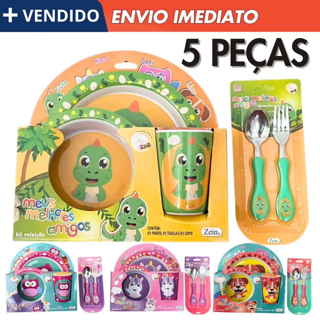 Kit Refeição Alimentação Infantil 3 ou 5 Peças Prato Tigela Copo 2 Talheres Alimentação de Crianças