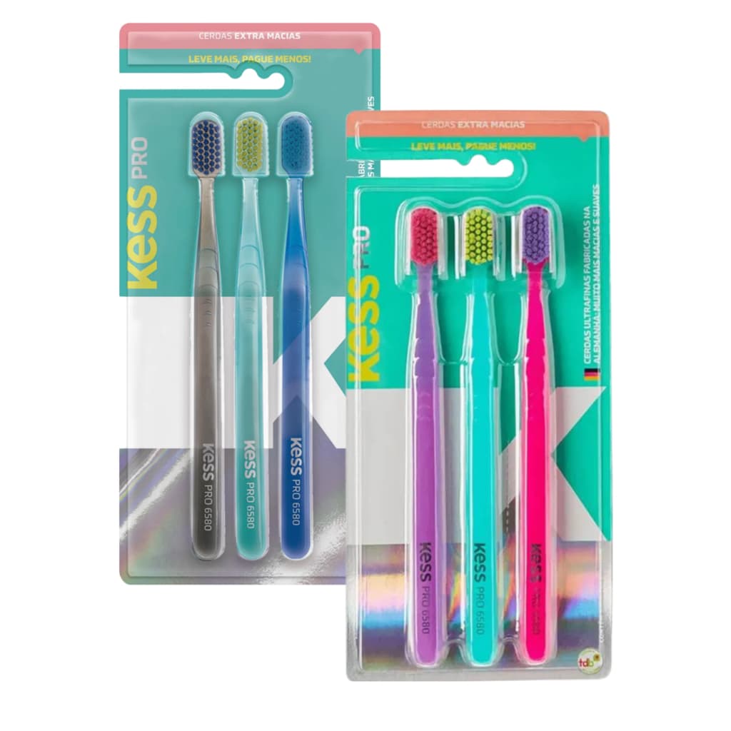 Pack Com 3 Escovas Dentais Kess Pro 6580 Extra Macias Cores Sortidas - ENVIO RÁPIDO 24 HORAS