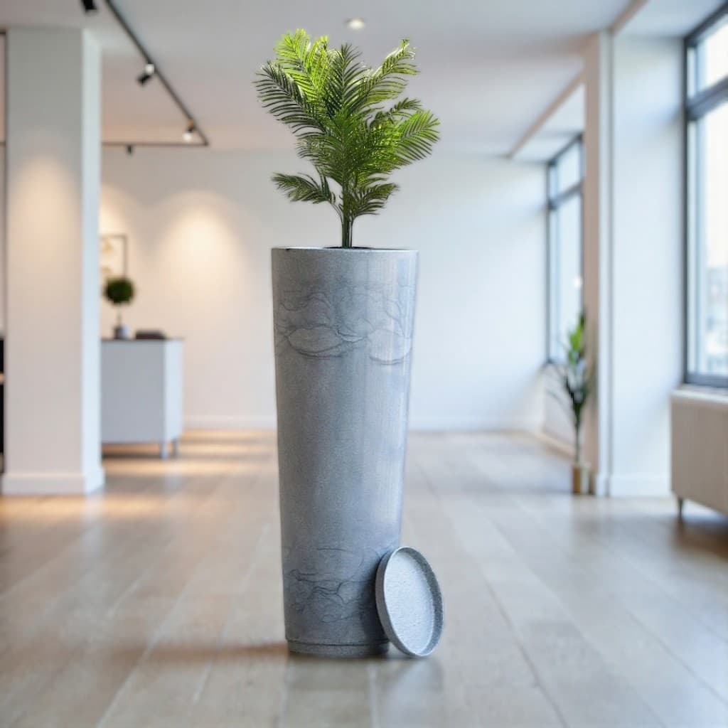 Vaso de Planta Decorativo Alta Grande 70x26 Coluna Ibiza Slim Marmorizado Liso Polido com Prato