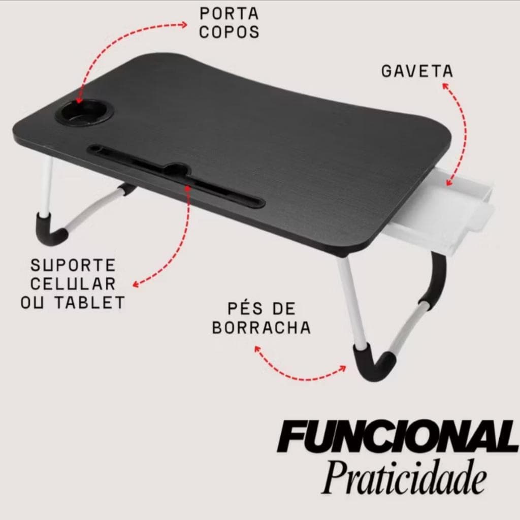 Mesa Dobrável Portátil em MDF com Gaveta Articulada para Notebook e Tablet – Use em Qualquer Lugar