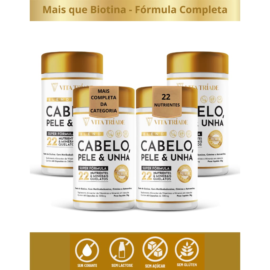 Vitamina Cabelo e Unha - 22 Nutrientes Super Fórmula Biotina Cisteína Astaxantina 60-240 Cápsulas