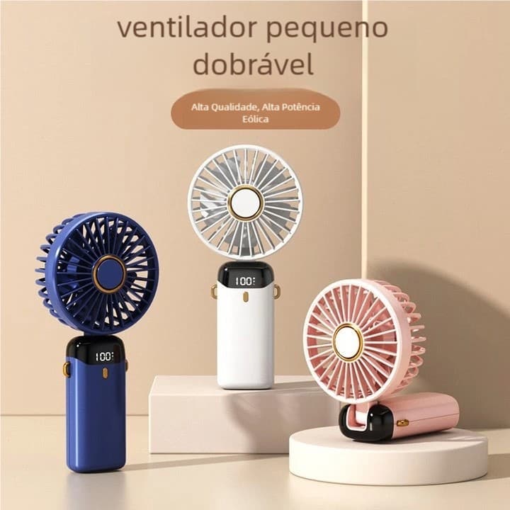 "Mini Ventilador Portátil – USB Recarregável, Dobrável, Display Digital "