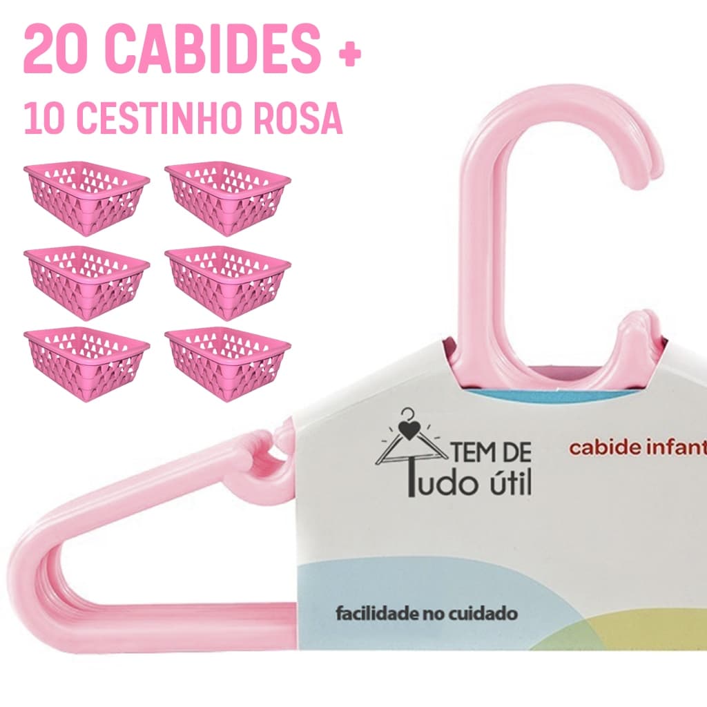 Kit 10 Cestos Rosa Pequeno + 20 Cabides Infantis Antiderrapantes