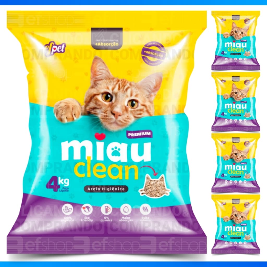 Kit *1 a 5* Pacote De Areia Sanitária Antiodor Tira Cheiro Miau Clean Gatos Tradicional 100% Natural