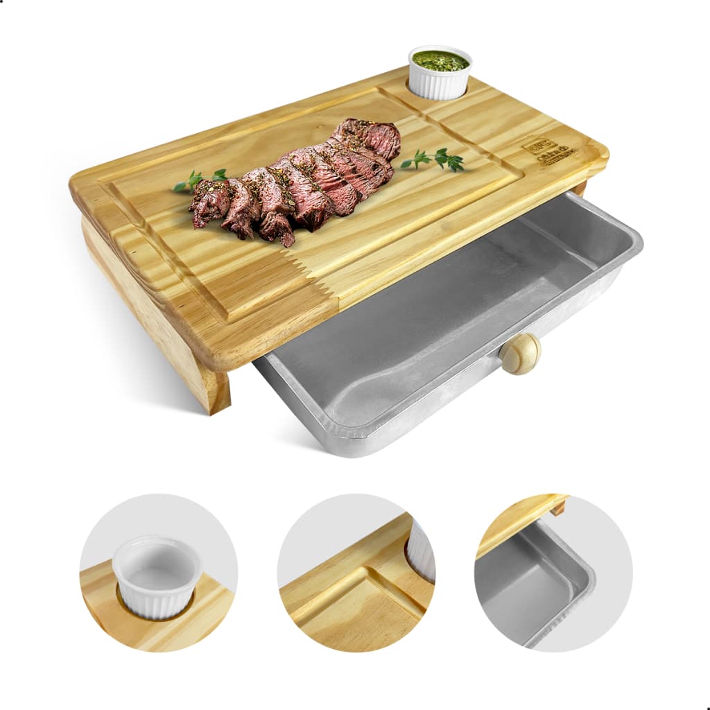 Tábua De Carne Inteligente Churrasco Com Bandeja E 1 Porta Molho Madeira Premium