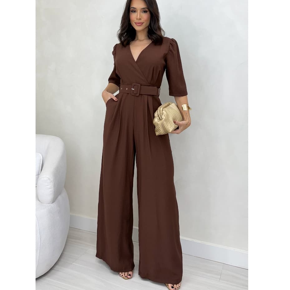 MACACÃO FEMININO MANGA 3/4 COM CINTO ELEGANTE  TECIDO SENSORIAL MARRANT