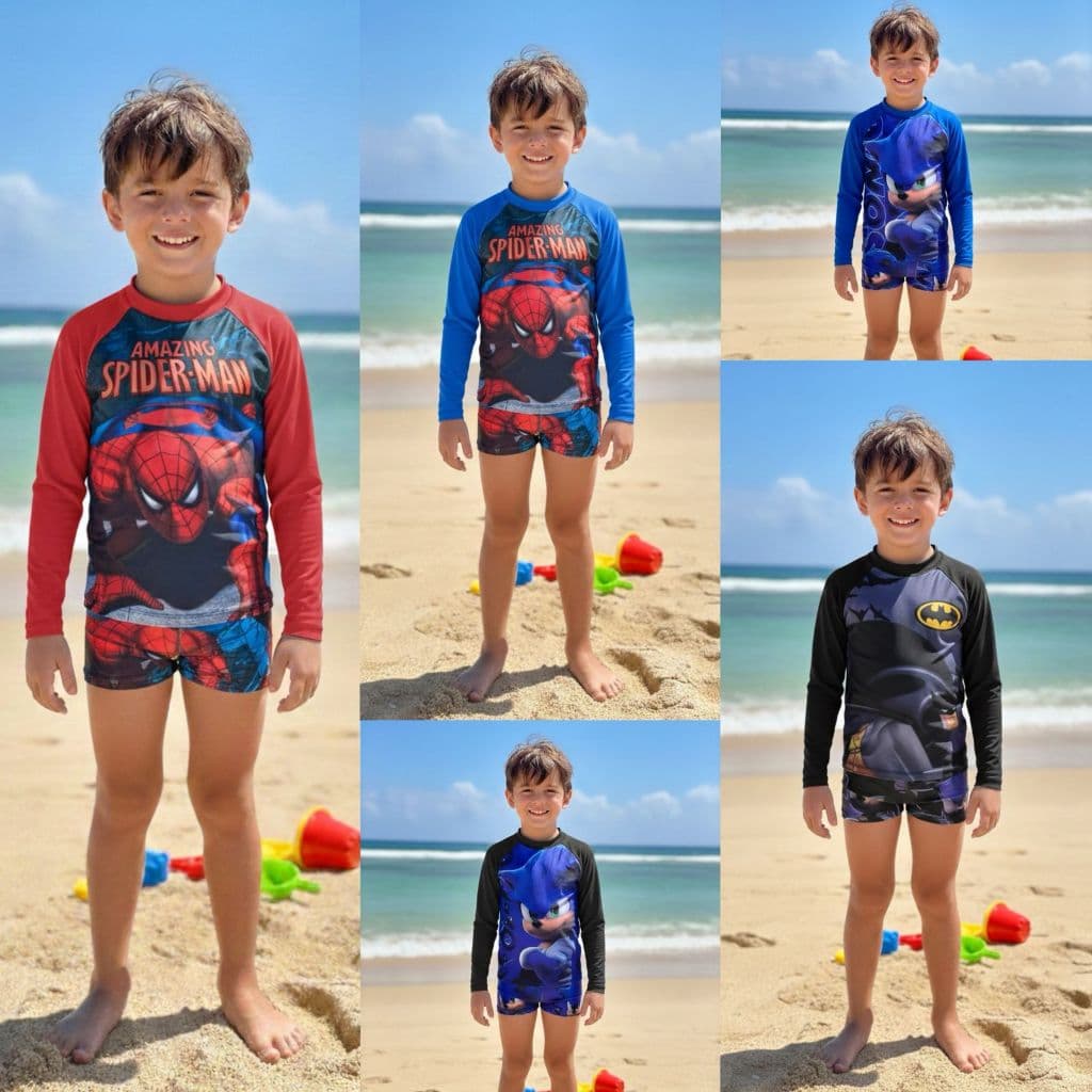 Conjunto Infantil Menino Kit Uv Moda Praia Blusa+Sunga Box Personagens Verão Praia E Piscina