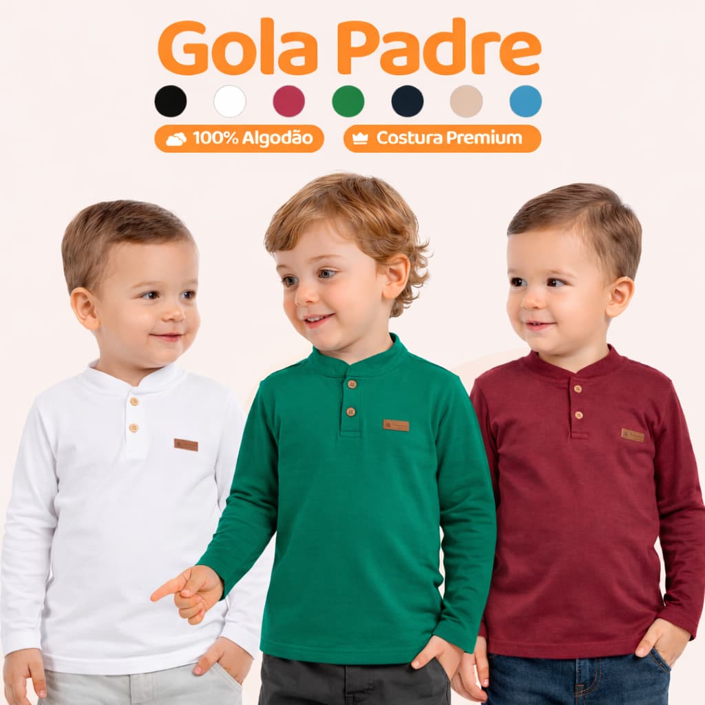 Camiseta Manga Longa Social Bebê Menino  Gola Padre Henley Casual Camisa Bebê Estiloso Masculino Premium Roupa de Bebê