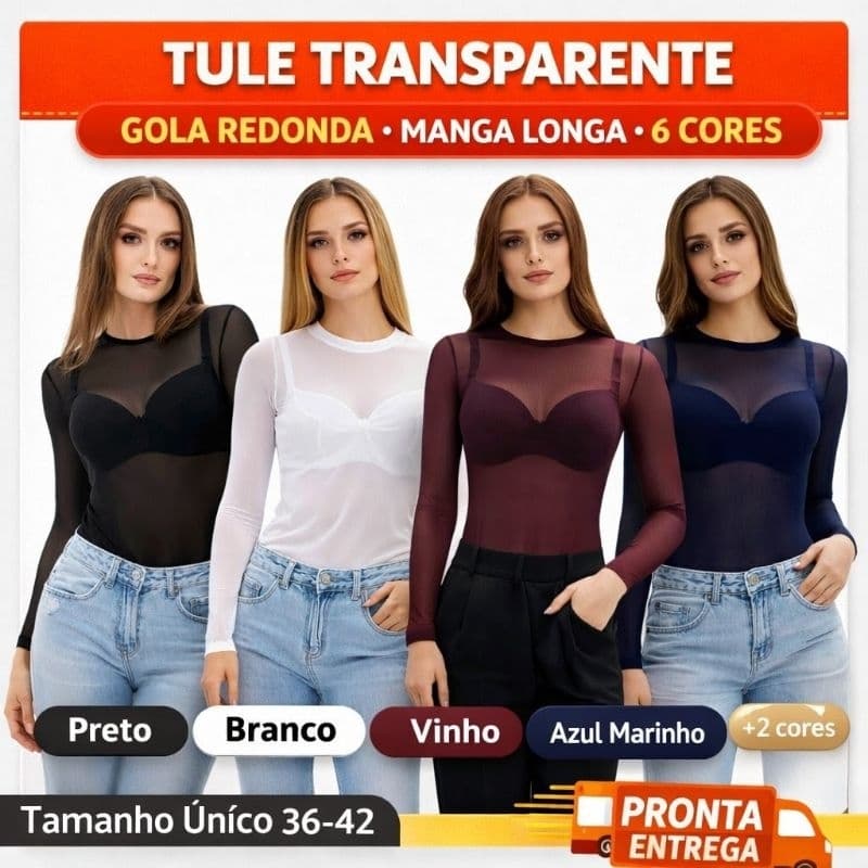 Body de Tule Liso Transparente Feminino Manga Longa Tamanho Único 36 ao 42 Cores Preto, Branco Vinho Azul Marinho e Bege