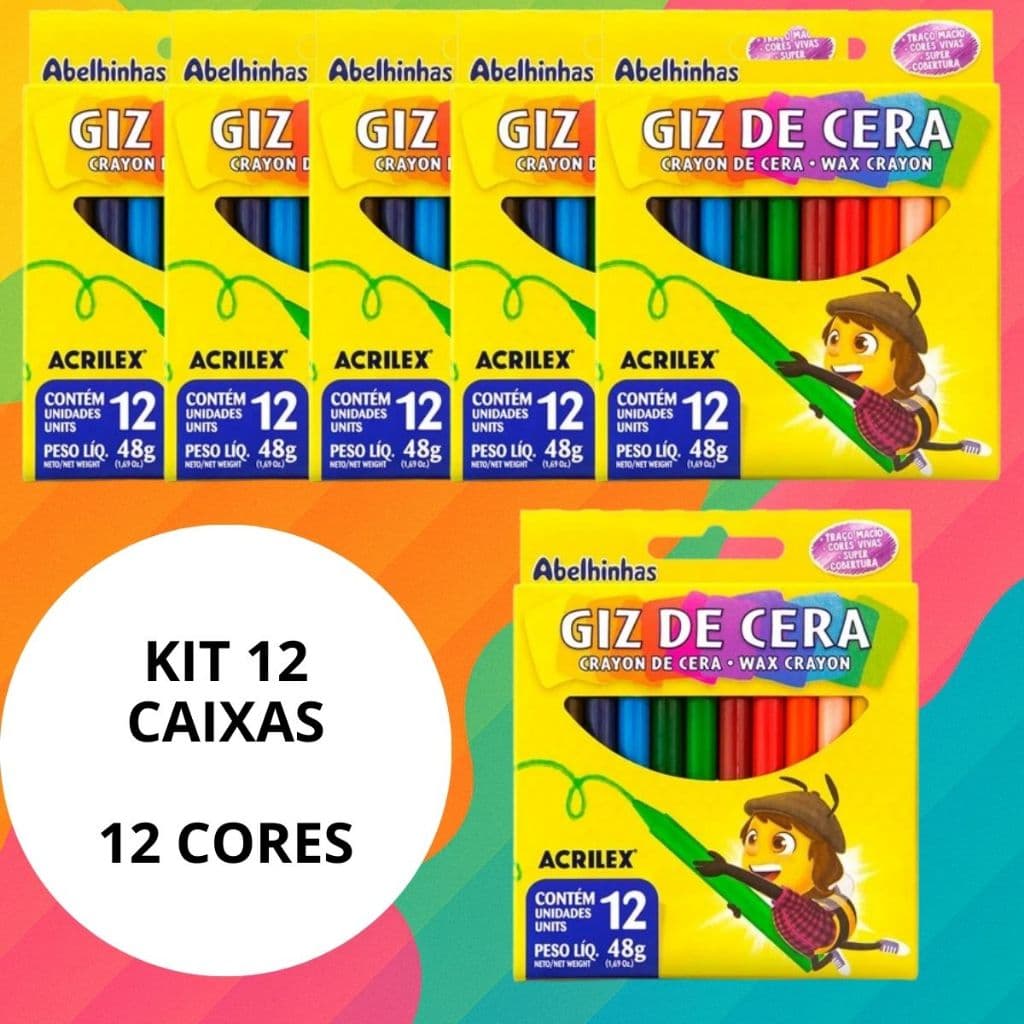 Kit 1/3/6/9/12 Caixas Giz De Cera Acrilex 12 Cores Não Tóxico Infantil Escolar